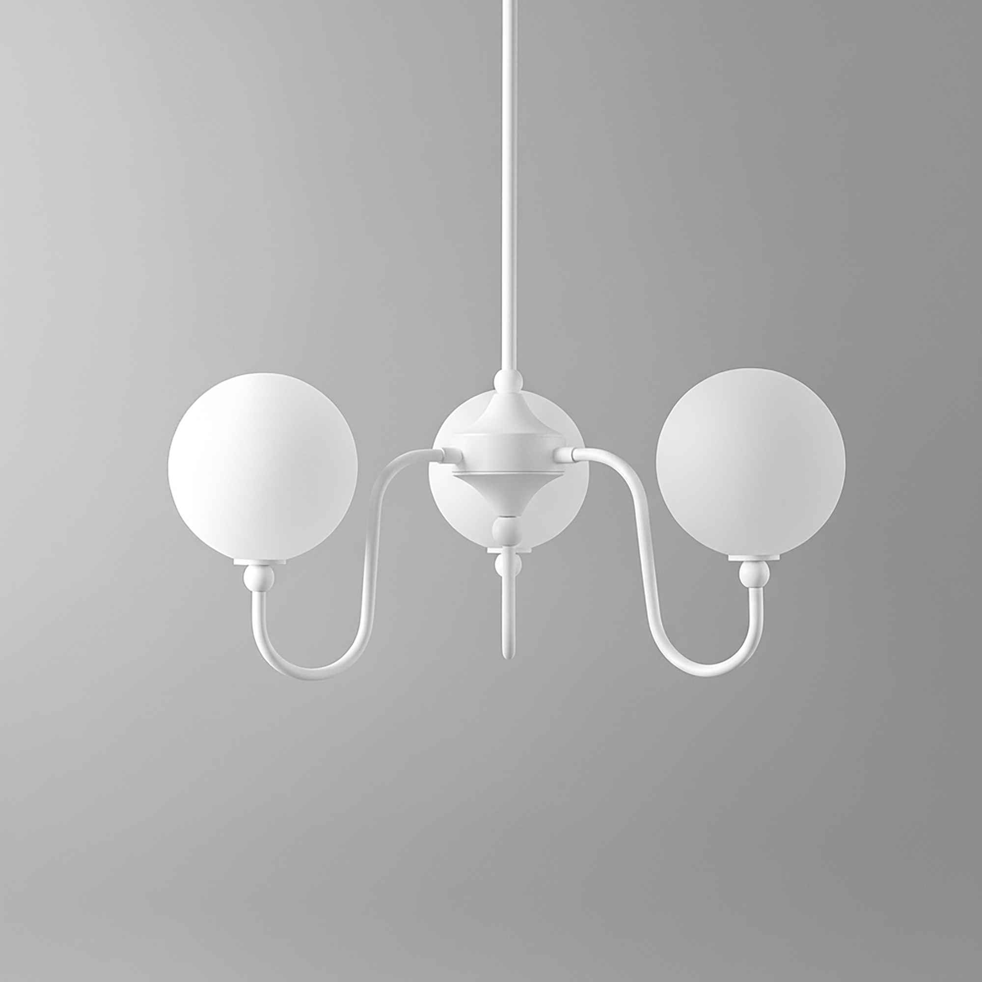 White minimalist chandelier with two frosted globe lights and curved arms. - CHANDELIER MODEL NO. 0678