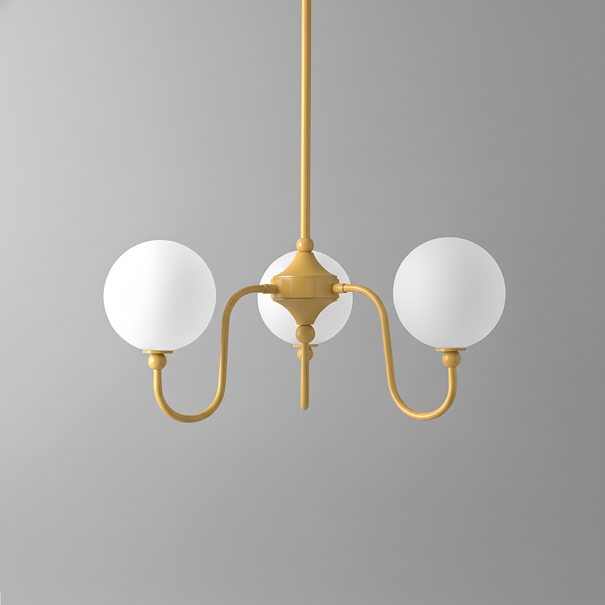 Modern chandelier with matte gold metal frame and two white frosted glass globe lights. - CHANDELIER MODEL NO. 0678