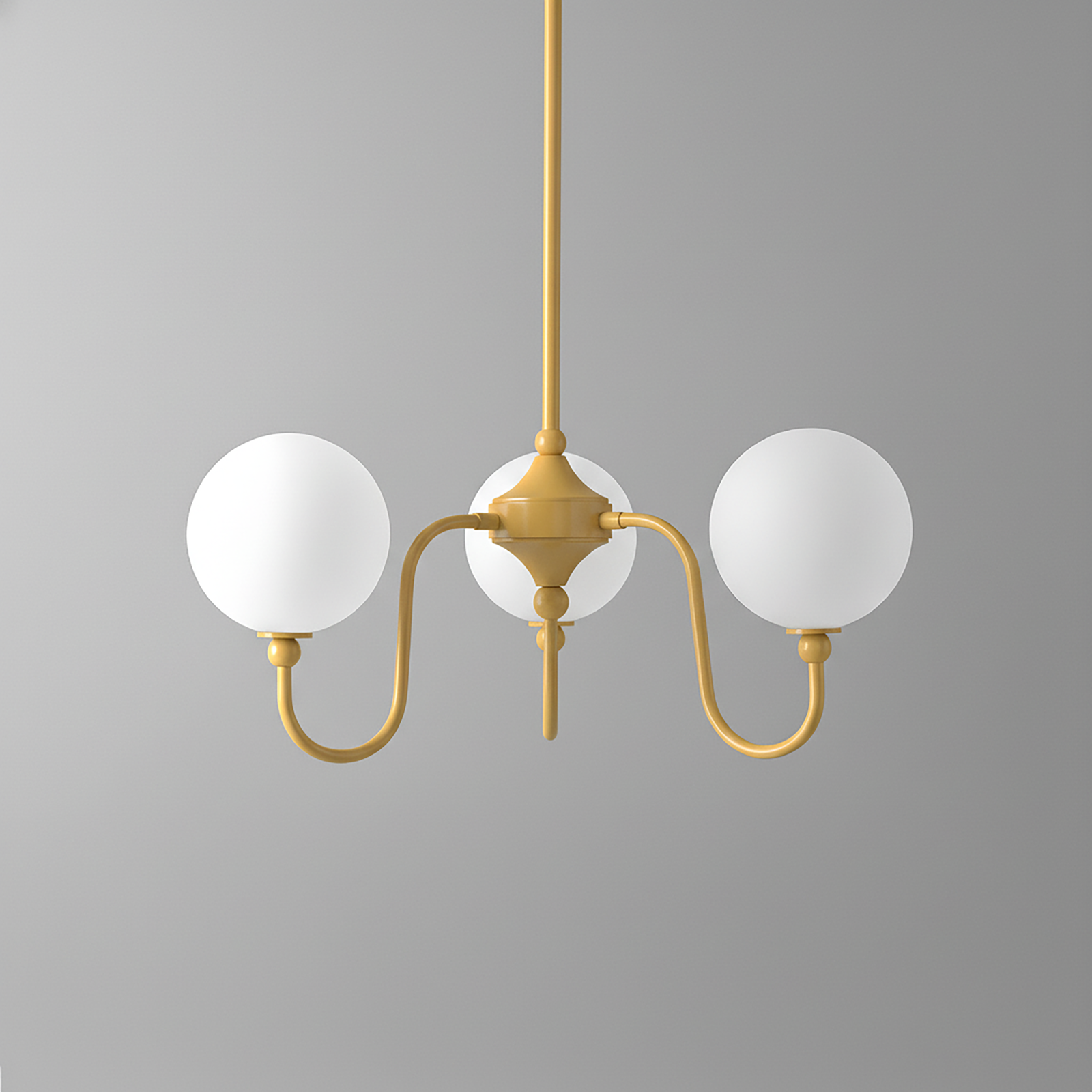 Modern chandelier with matte gold metal frame and two white frosted glass globe lights. - CHANDELIER MODEL NO. 0678