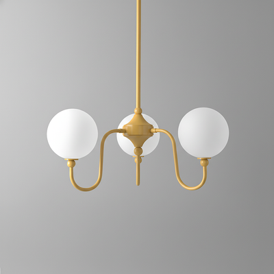 Modern chandelier with matte gold metal frame and two white frosted glass globe lights. - CHANDELIER MODEL NO. 0678