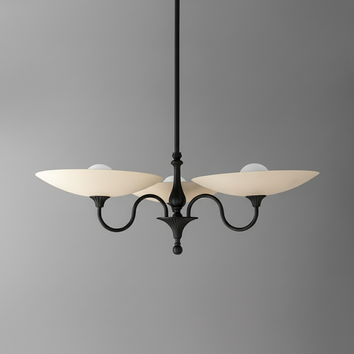 Modern Victorian chandelier with three curved black arms and cream globe shades. - CHANDELIER MODEL NO. 1563