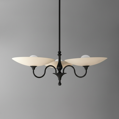 Modern Victorian chandelier with three curved black arms and cream globe shades. - CHANDELIER MODEL NO. 1563