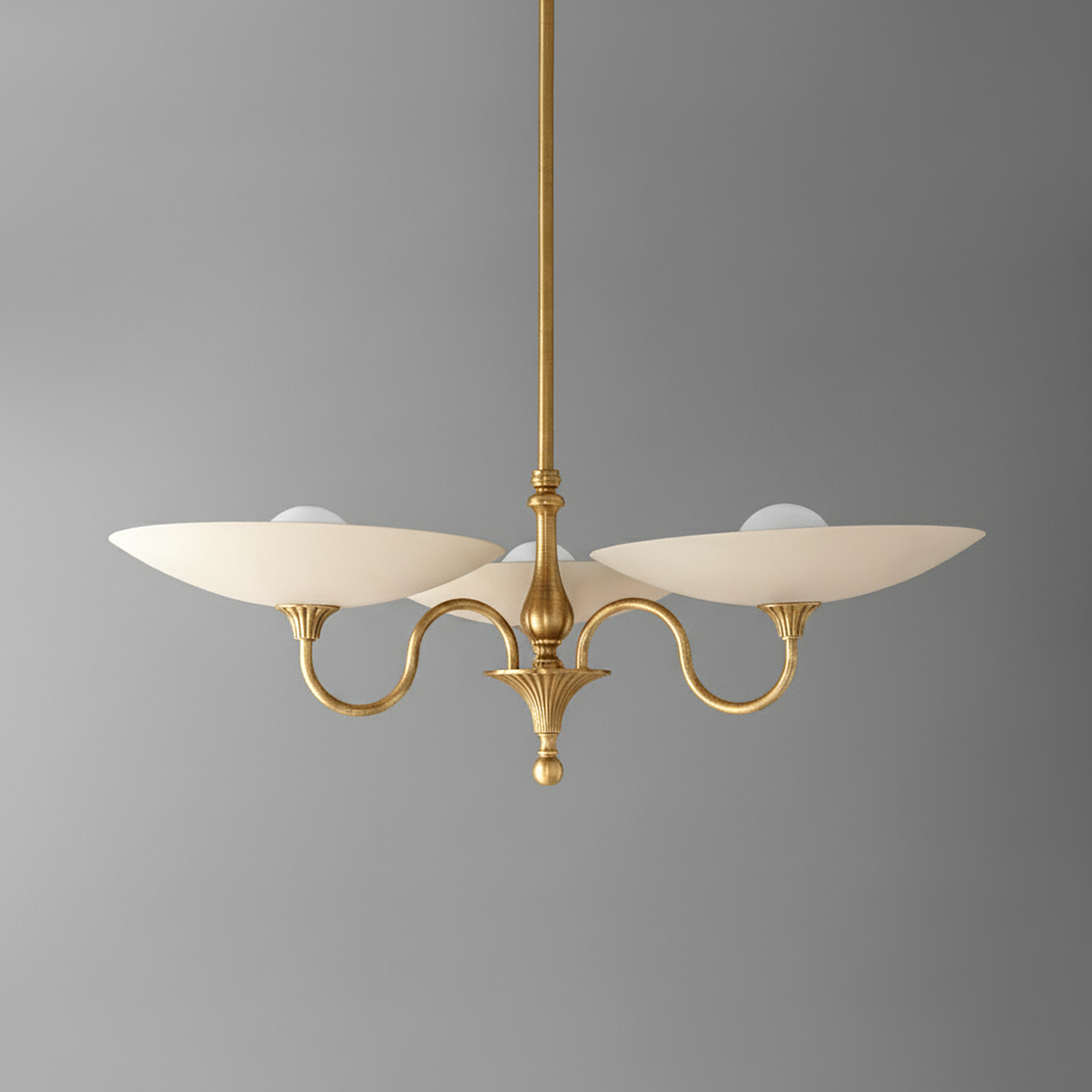 Antique brass chandelier with three cream globe shades and curved arms against gray background. - CHANDELIER MODEL NO. 1563
