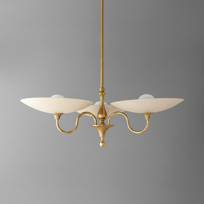 Antique brass chandelier with three cream globe shades and curved arms against gray background. - CHANDELIER MODEL NO. 1563