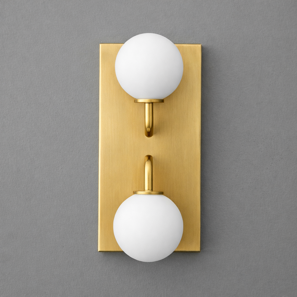 Modern two-bulb wall sconce with matte gold rectangular backplate and frosted white glass globes. - SCONCE MODEL NO. 9868