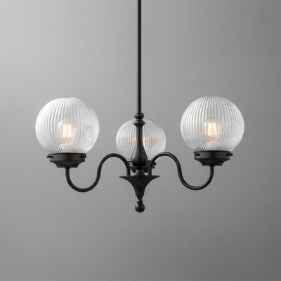 Black metal chandelier with three ribbed clear glass globe shades and curved arms. - CHANDELIER MODEL NO. 2894
