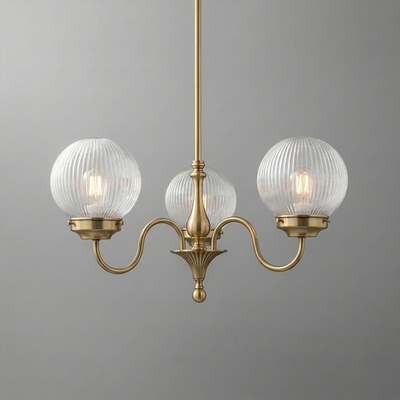 Three-bulb chandelier with ribbed clear glass globes and brushed brass arms on a central rod. - CHANDELIER MODEL NO. 2894