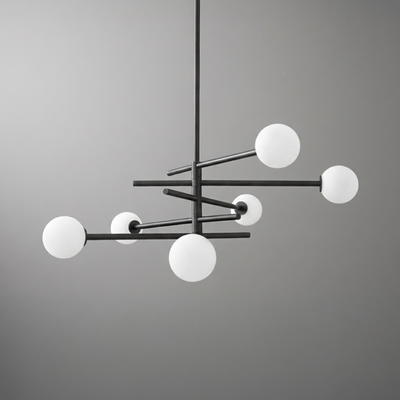 Modern black metal chandelier with six frosted white glass globes arranged asymmetrically on horizontal rods. - CHANDELIER MODEL NO. 8576