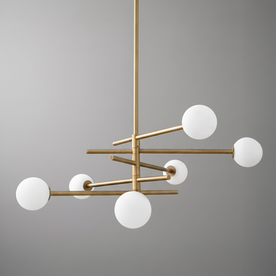 Modern chandelier with six frosted white glass globes on matte gold metal rods in a balanced, geometric design. - CHANDELIER MODEL NO. 8576