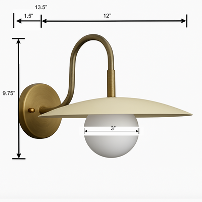 Antique brass wall sconce with cream flat dome shade and frosted globe bulb, 13.5" wide. - SCONCE MODEL NO. 9171