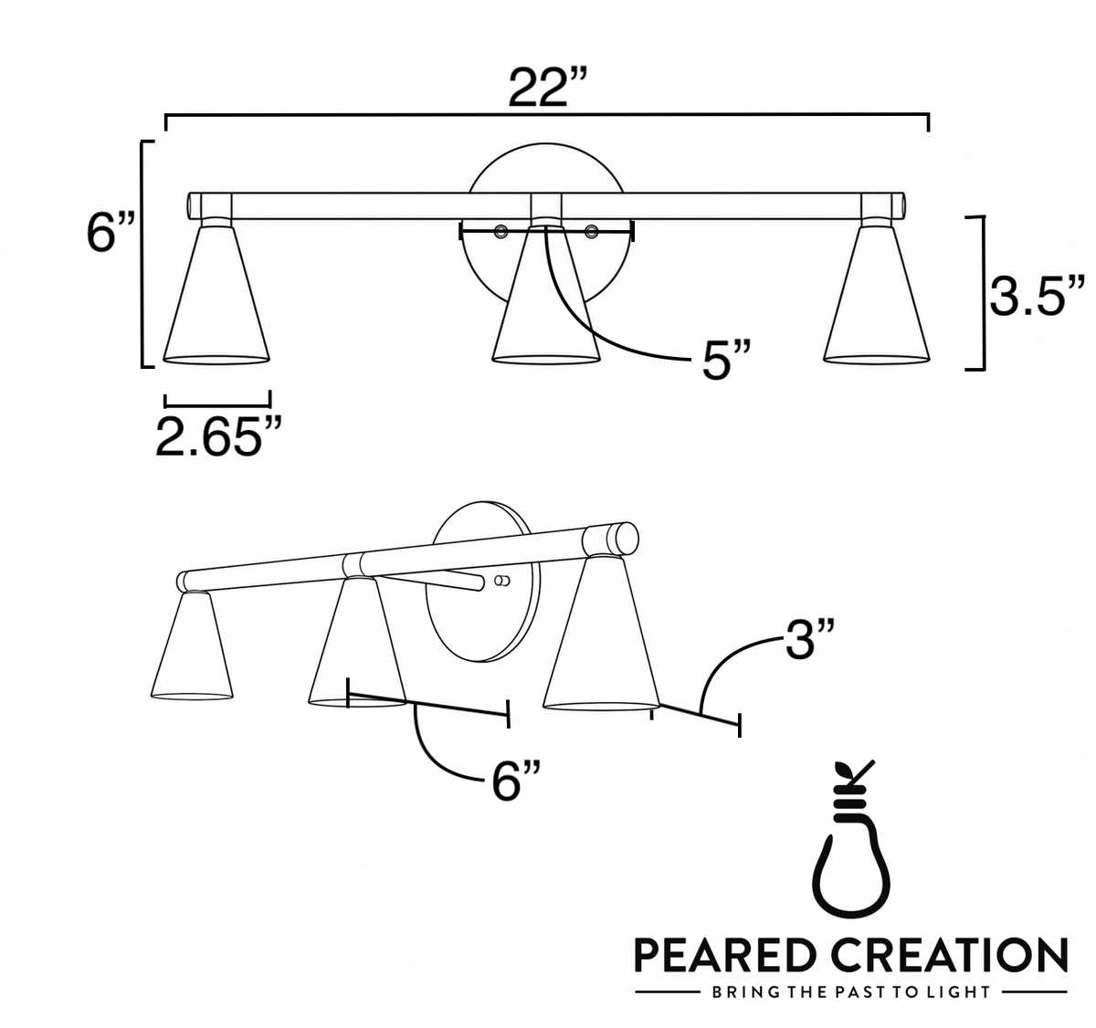 Brushed nickel three-bulb vanity light with cone-shaped frosted glass shades, 22 inches wide. - VANITY LIGHT MODEL NO. 1170