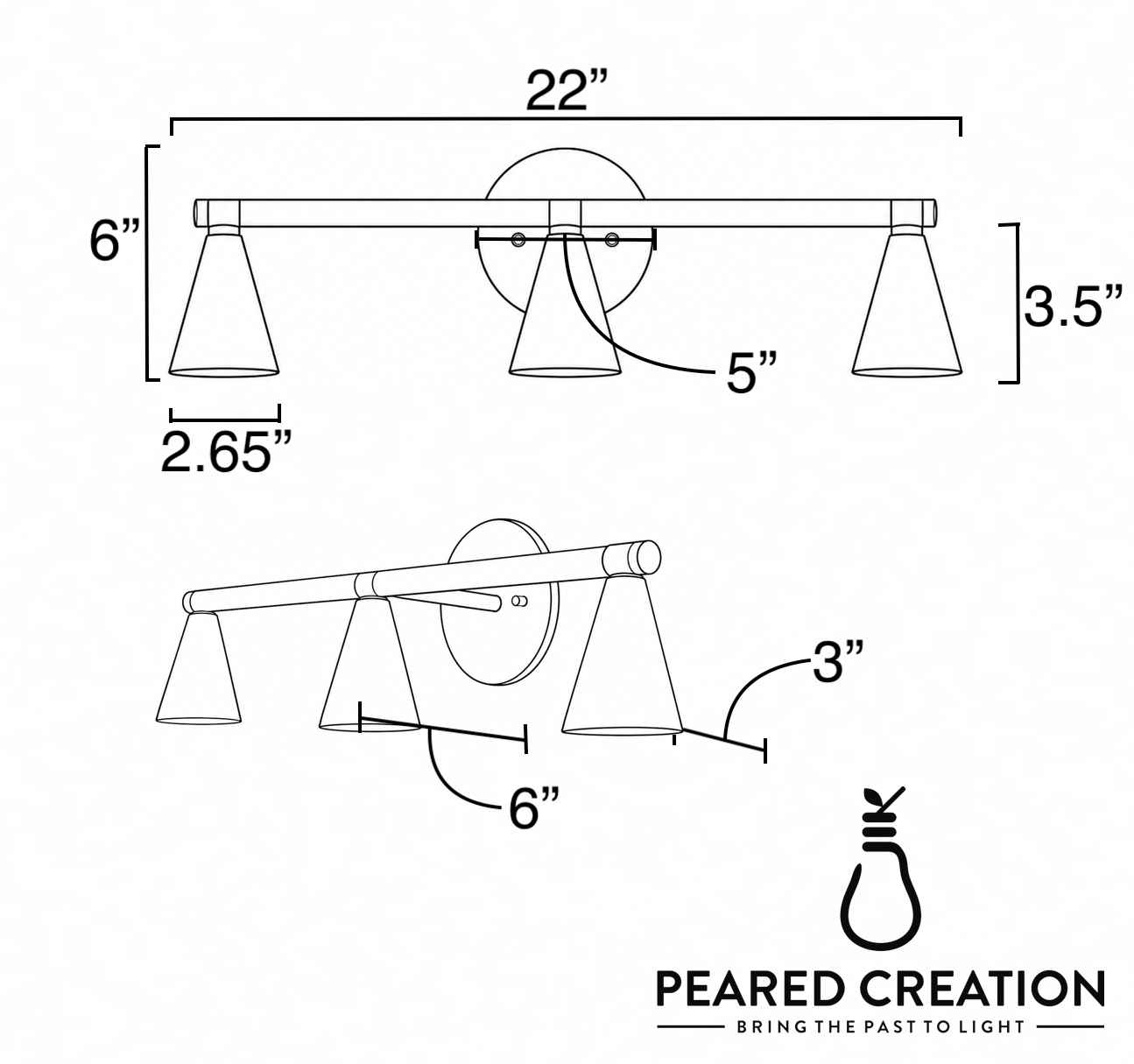 Brushed nickel three-bulb vanity light with cone-shaped frosted glass shades, 22 inches wide. - VANITY LIGHT MODEL NO. 1170