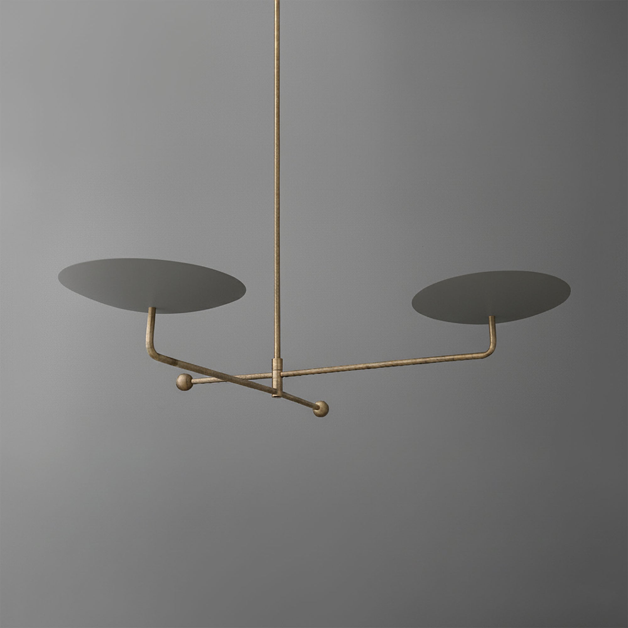Modern brass chandelier with two large flat circular black discs on horizontal arms. - CHANDELIER MODEL NO. 0680