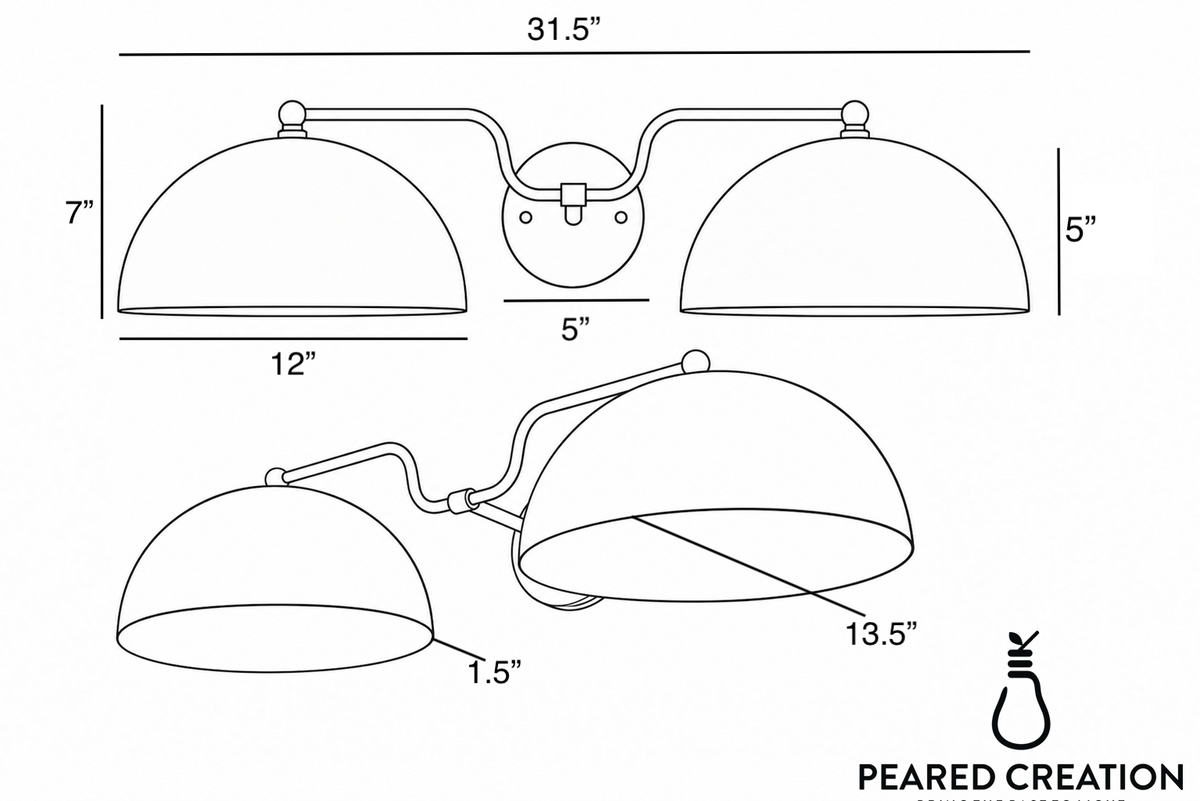 Double dome-shaped white metal vanity light with two bulbs, curved arms, and a circular wall mount. - VANITY LIGHT MODEL NO. 1160