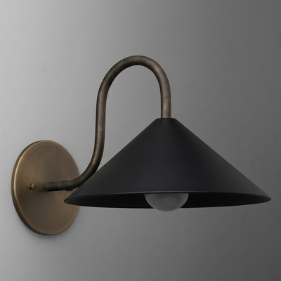 Wall-mounted sconce with curved bronze arm and wide black metal conical shade, single bulb. - SCONCE MODEL NO. 1015
