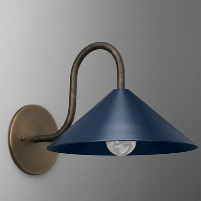 Wall sconce with an antique bronze curved arm and a wide matte navy blue metal cone shade over one bulb. - SCONCE MODEL NO. 1015