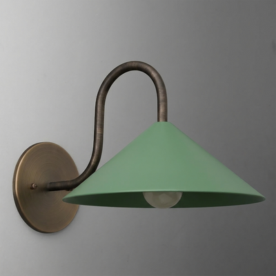 Wall-mounted sconce with a curved dark bronze arm and a wide, matte green conical metal shade. - SCONCE MODEL NO. 1015