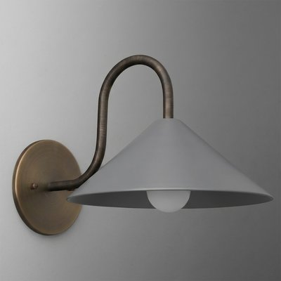 Wall-mounted metal sconce with a curved bronze arm and matte gray conical shade over a single bulb. - SCONCE MODEL NO. 1015
