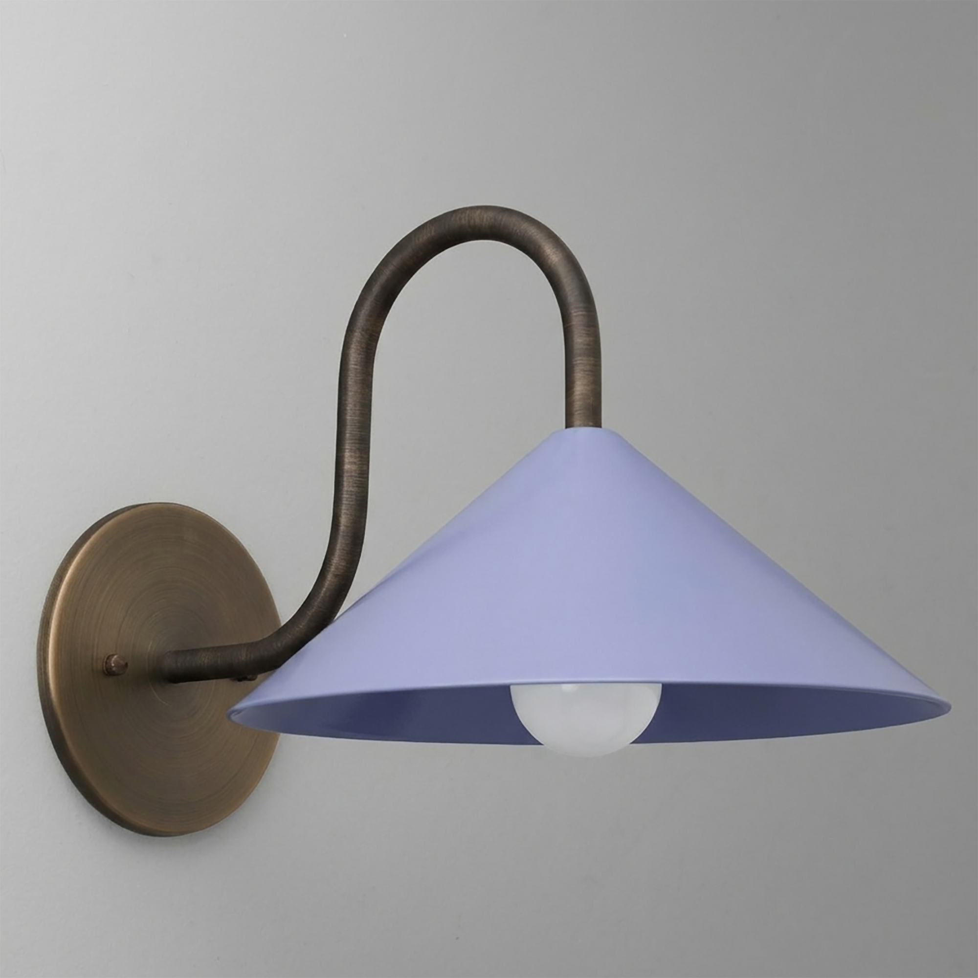 Wall-mounted sconce with a curved bronze arm and a wide, conical lavender metal shade with one exposed bulb. - SCONCE MODEL NO. 1015
