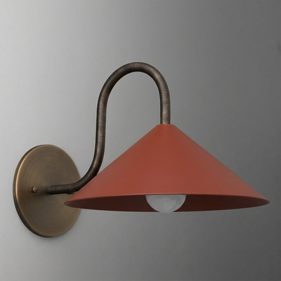 Wall-mounted sconce with a curved bronze arm and wide matte terracotta conical shade above a single bulb. - SCONCE MODEL NO. 1015