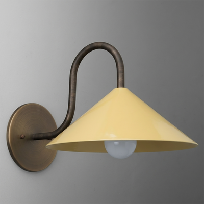Wall-mounted sconce with curved bronze arm and yellow conical metal shade, single bulb design. - SCONCE MODEL NO. 1015