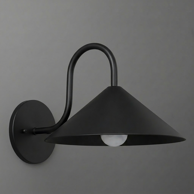 Black metal wall sconce with a wide conical shade and curved arm holding one exposed bulb. - SCONCE MODEL NO. 1015