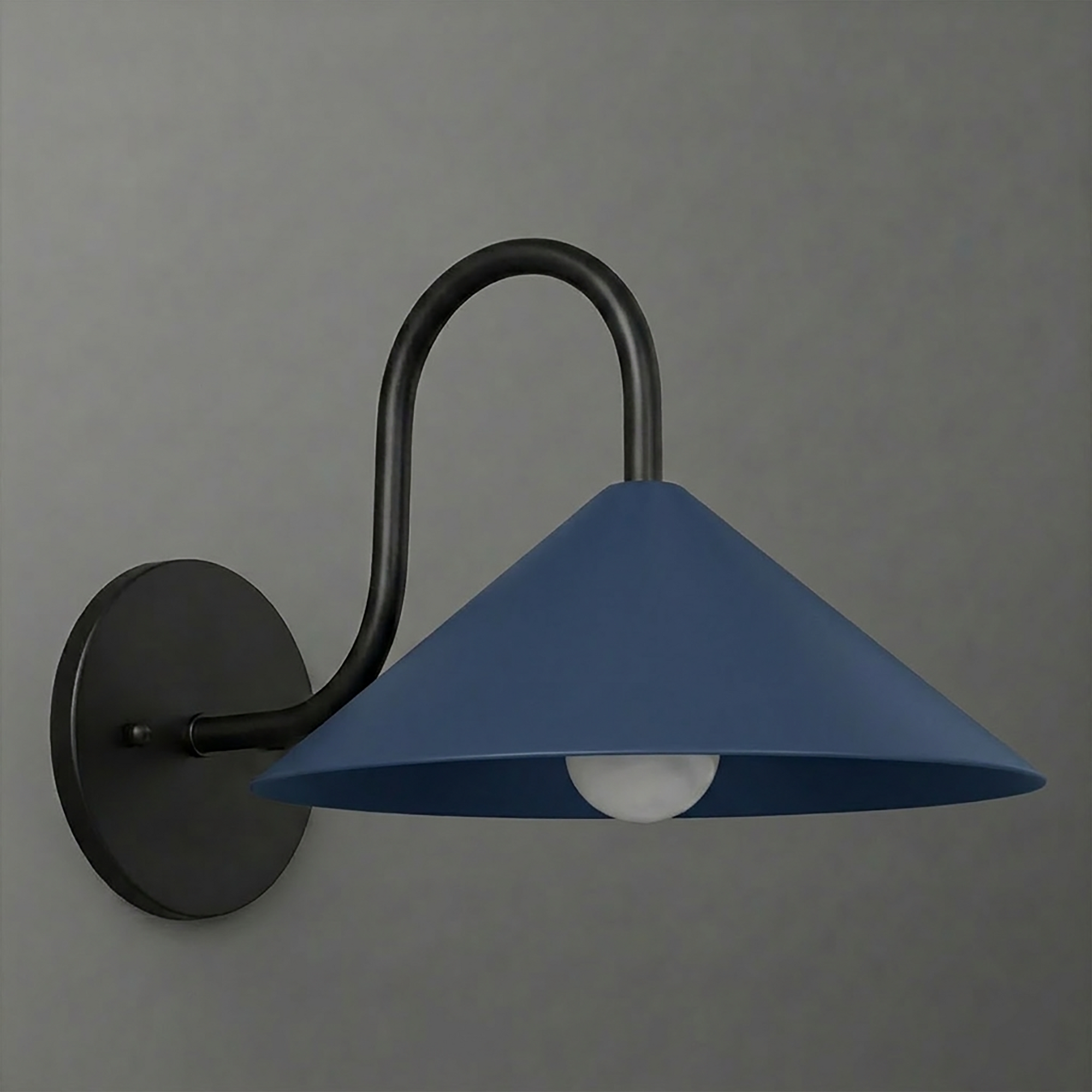 Matte black metal wall sconce with curved arm and wide matte blue conical shade covering one bulb. - SCONCE MODEL NO. 1015