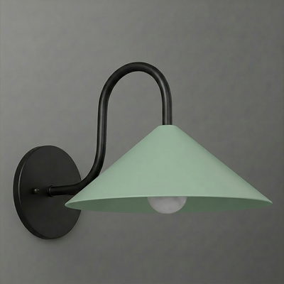 Black metal wall sconce with curved arm and wide mint green conical shade covering a single bulb. - SCONCE MODEL NO. 1015