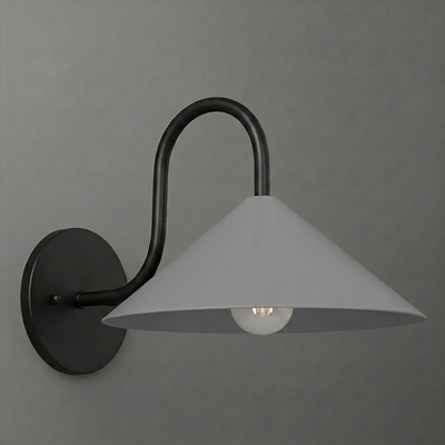 Matte black metal wall sconce with a curved arm and wide conical white shade, single bulb exposed beneath. - SCONCE MODEL NO. 1015