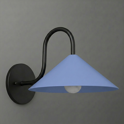Wall-mounted sconce with matte black metal arm and round base, featuring a wide, conical pale blue shade and visible bulb. - SCONCE MODEL NO. 1015