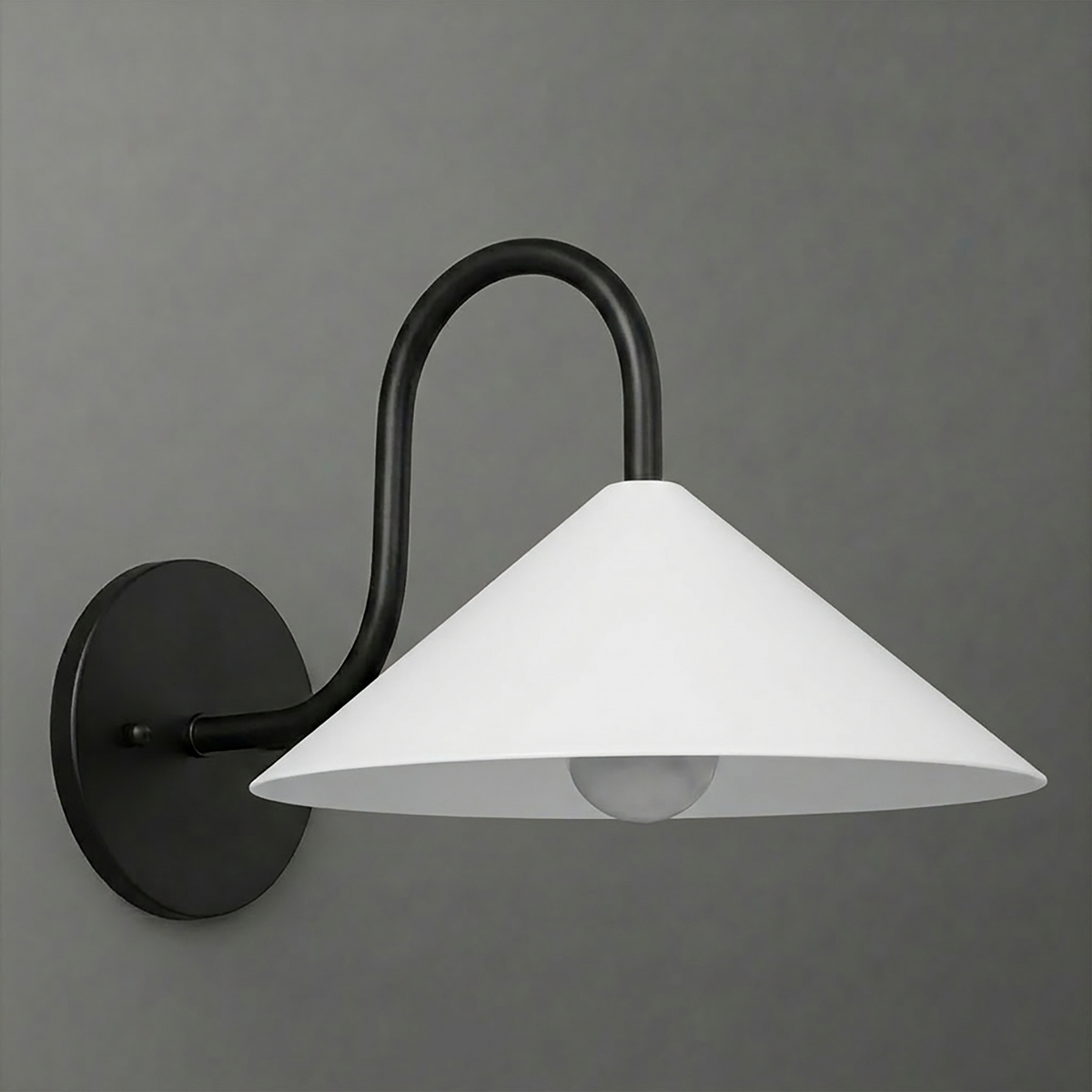 Black metal wall sconce with curved arm and wide white conical lampshade covering a single bulb. - SCONCE MODEL NO. 1015