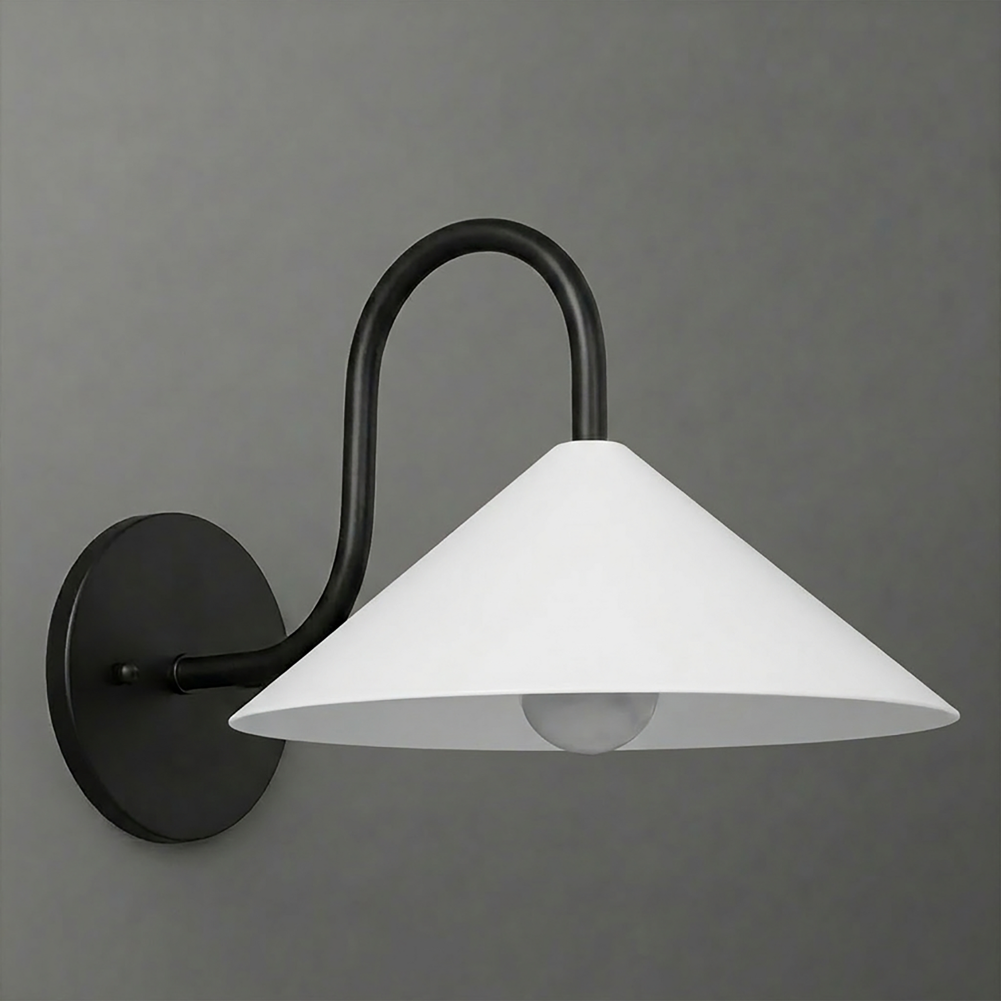 Black metal wall sconce with curved arm and wide white conical lampshade covering a single bulb. - SCONCE MODEL NO. 1015
