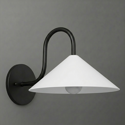 Black metal wall sconce with curved arm and wide white conical lampshade covering a single bulb. - SCONCE MODEL NO. 1015