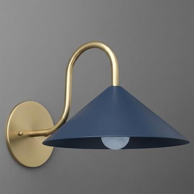 Wall sconce with matte navy blue conical metal shade and curved brushed brass arm and round backplate. - SCONCE MODEL NO. 1015