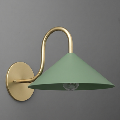 Wall sconce with matte green conical metal shade and brushed brass curved arm and round base plate. - SCONCE MODEL NO. 1015