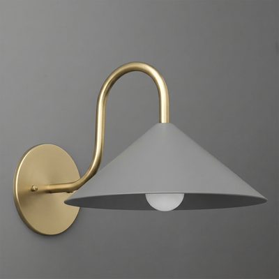 Wall sconce with matte gray conical metal shade and brushed brass curved arm and round base. - SCONCE MODEL NO. 1015