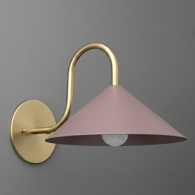 Wall-mounted sconce with matte pink conical shade and brushed gold curved metal arm and base plate. - SCONCE MODEL NO. 1015