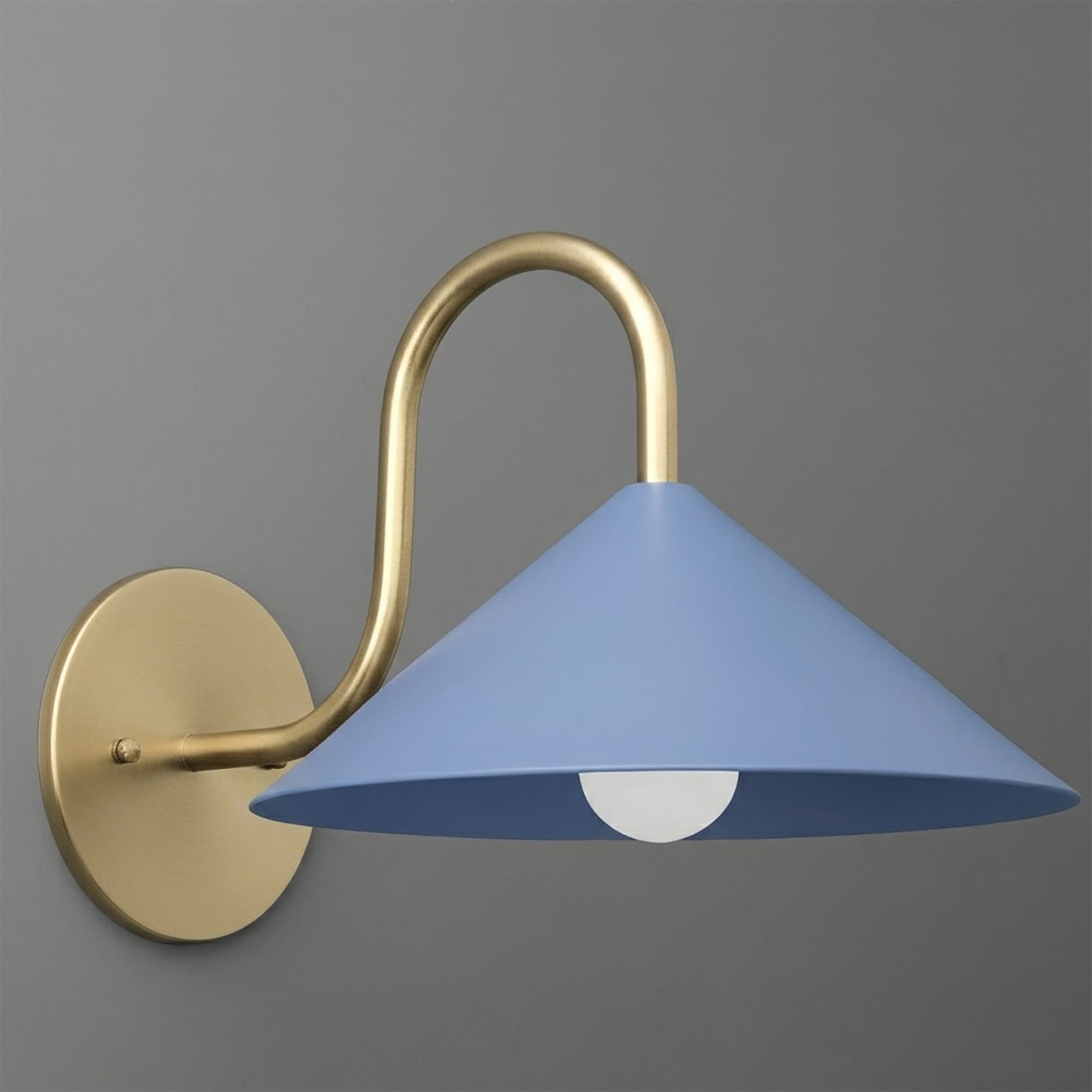 Wall-mounted sconce with matte gold curved arm and round base, featuring a wide, conical matte blue metal shade and single. - SCONCE MODEL NO. 1015