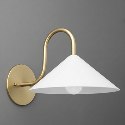 Brushed brass wall sconce with curved arm and wide white conical metal shade covering one bulb. - SCONCE MODEL NO. 1015