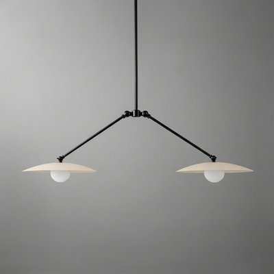 Black metal frame chandelier with two wide, flat beige disc shades and exposed round white bulbs. - CHANDELIER MODEL NO. 9799