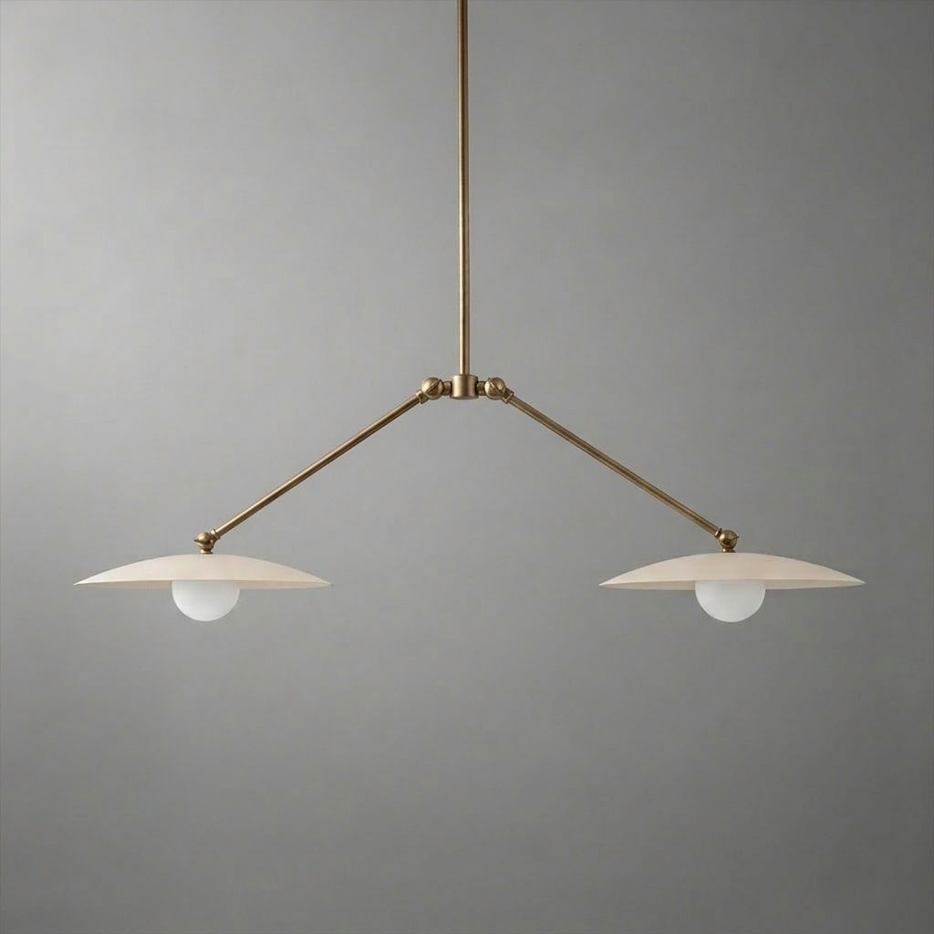 Minimalist two-light chandelier with brushed brass arms and white disc-shaped shades over round bulbs. - CHANDELIER MODEL NO. 9799