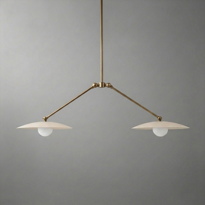 Minimalist two-light chandelier with brushed brass arms and white disc-shaped shades over round bulbs. - CHANDELIER MODEL NO. 9799