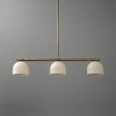Three-bulb chandelier with matte white dome shades and a slender bronze metal frame suspension. - CHANDELIER MODEL NO. 8477