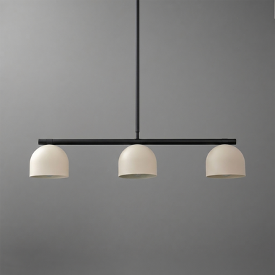 Black metal chandelier with three matte white dome-shaped shades in a linear design. - CHANDELIER MODEL NO. 8477