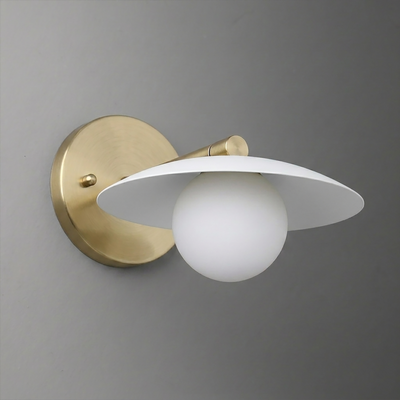 Brushed brass wall sconce with a white frosted glass globe and a flat circular metal shade. - SCONCE MODEL NO. 9872