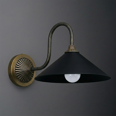 Black metal conical shade wall sconce with curved bronze arm and round bronze backplate. - SCONCE MODEL NO. 1031