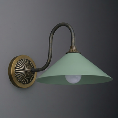 Wall-mounted sconce with curved dark metal arm, brass base, and wide matte green metal shade. - SCONCE MODEL NO. 1031