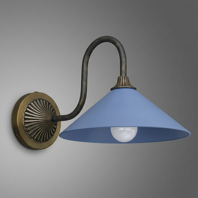 Wall-mounted sconce with blue conical metal shade, curved dark bronze arm, and round brass base with decorative ridges. - SCONCE MODEL NO. 1031