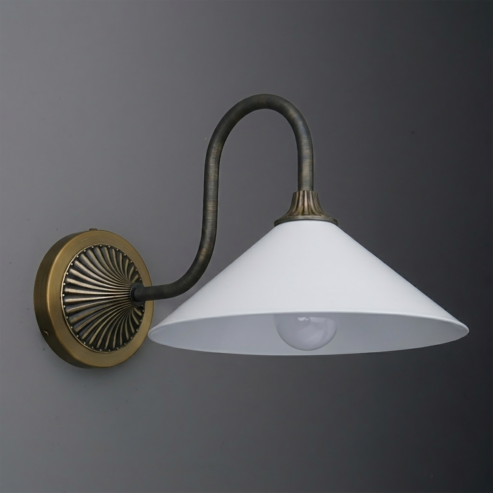 Wall-mounted sconce with brass-finish curved arm and large white conical shade. - SCONCE MODEL NO. 1031