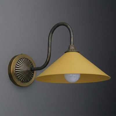 Yellow metal conical shade wall sconce with curved dark bronze arm and round decorative backplate. - SCONCE MODEL NO. 1031